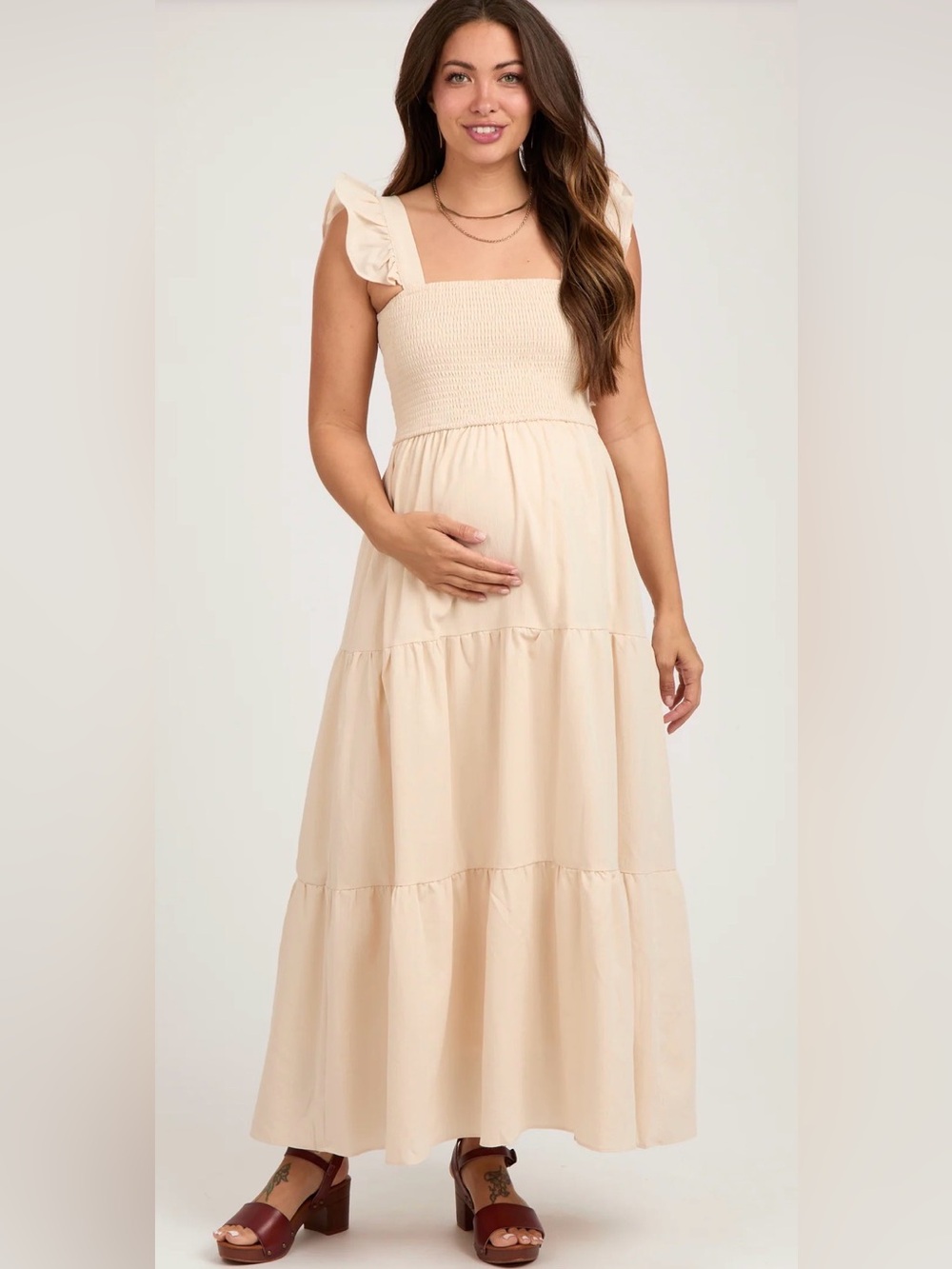 PinkBlush Taupe Sleeveless Smocked Tiered Maternity Maxi Dress